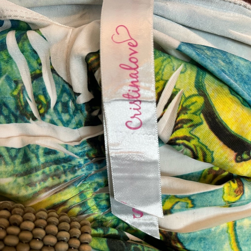 Cristinalove Turquoise and Yellow Halter Beachy Tropical Dress with Rhinestones - Picture 6 of 14